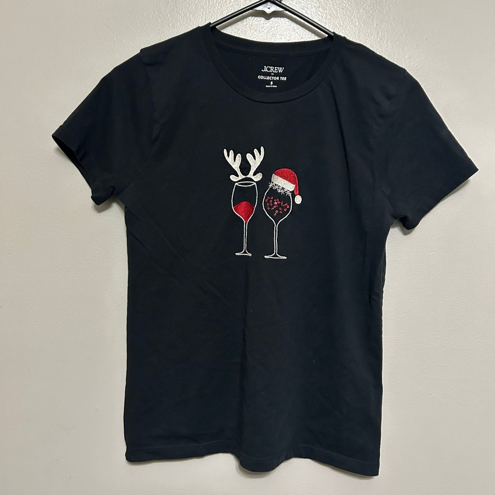 J.Crew Collector Tee Women S Black Holiday Wine Graphic Christmas Sequin Santa